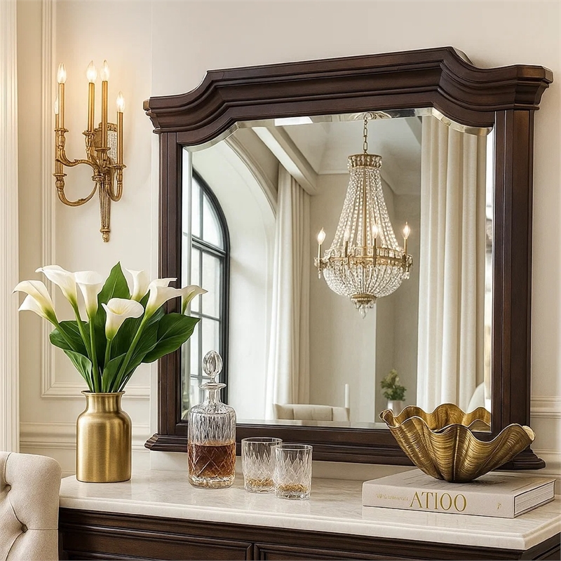 Lynda Dresser Mirror- 44 Inch Low Distortion- Walnut Brown Crown Molding
