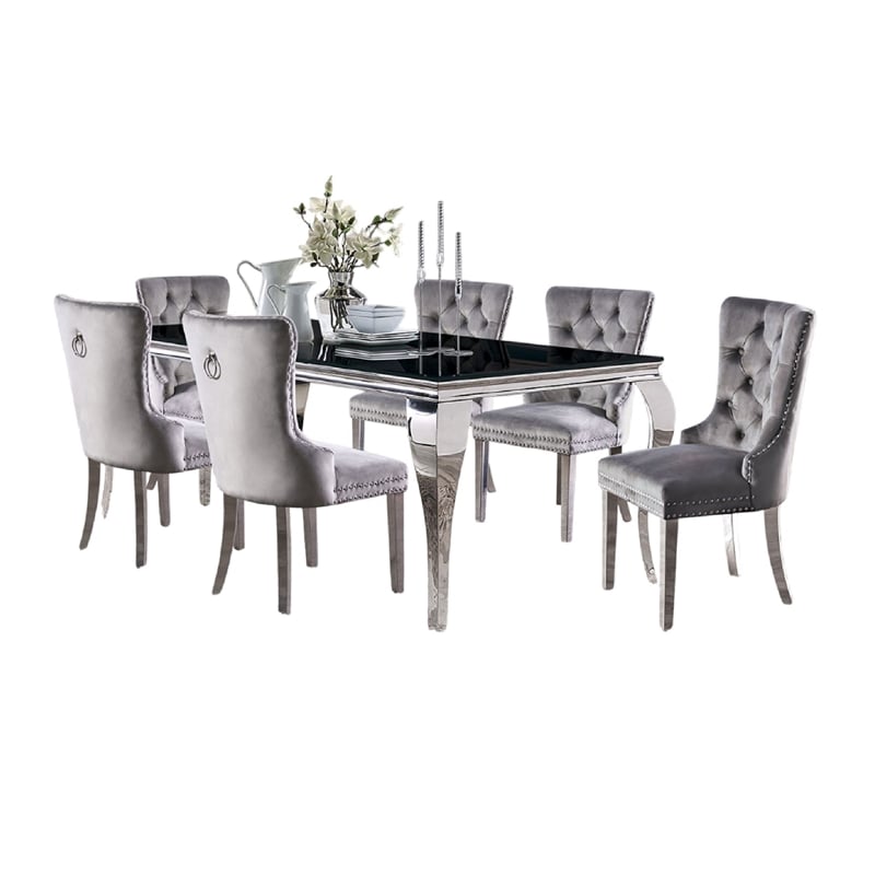 Vendy 7pc Dining Set with Tempered Glass Table- Gray Wingback Chairs