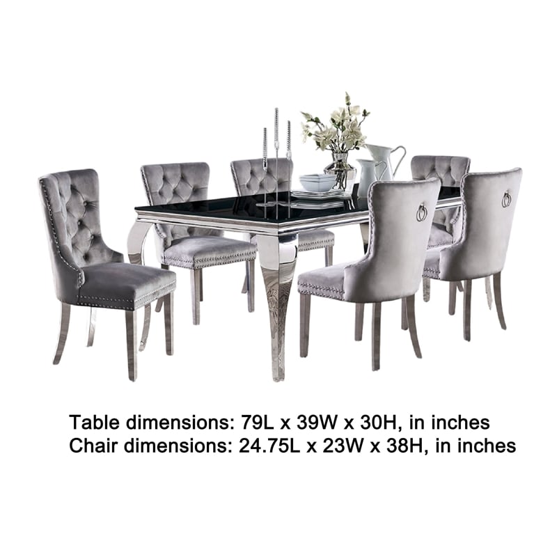 Vendy 7pc Dining Set with Tempered Glass Table- Gray Wingback Chairs