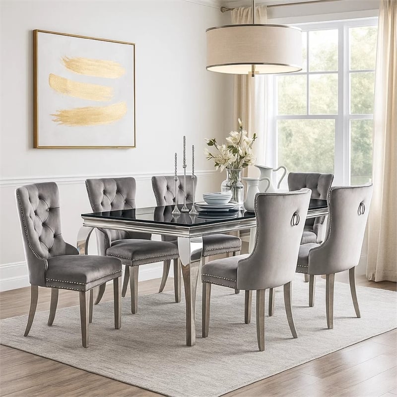 Vendy 7pc Dining Set with Tempered Glass Table- Gray Wingback Chairs