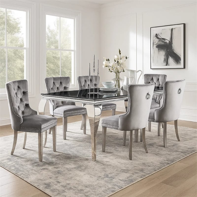 Vendy 7pc Dining Set with Tempered Glass Table- Gray Wingback Chairs