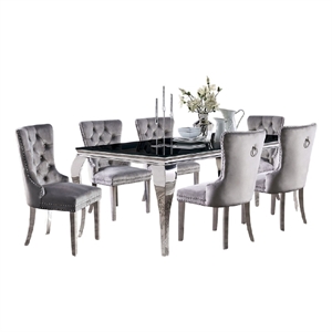 Vendy 7pc Dining Set with Tempered Glass Table- Gray Wingback Chairs