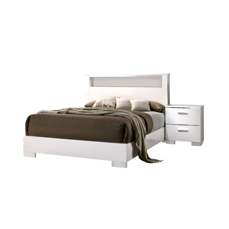 Aman 4pc Queen Bedroom Set- LED Headboard with Shelf- White Wood