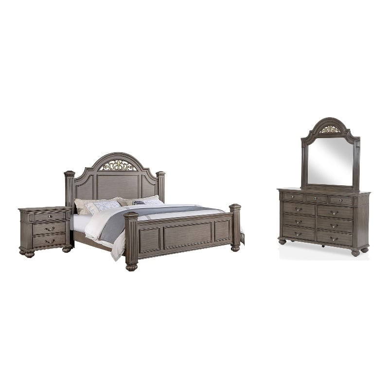 Recus 4pc Queen Bedroom Set with Carved Floral Details- Gray Wood