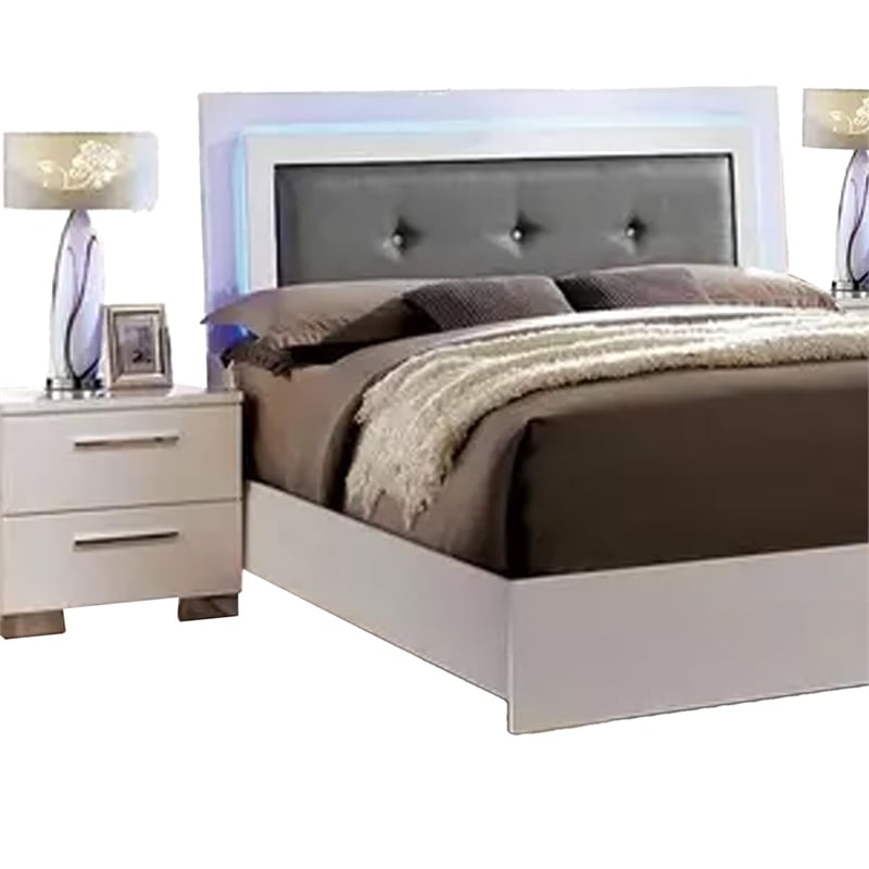 Gely 5pc Queen Bedroom Set- 2 Nightstands- Button Tufted- LED- Glossy White