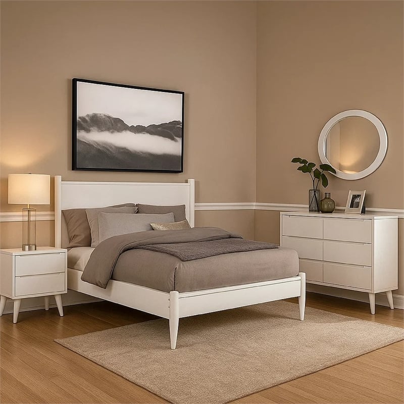 Leyla 4pc Queen Bedroom Set- Dresser with Oval Mirror- White Wood