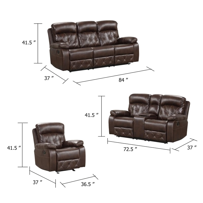Kesy 3pc Manual Reclining Sofa- Loveseat and Chair Set- Brown Faux Leather