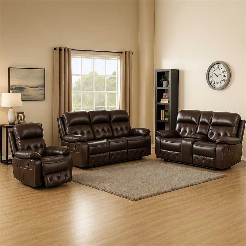 Kesy 3pc Manual Reclining Sofa- Loveseat and Chair Set- Brown Faux Leather