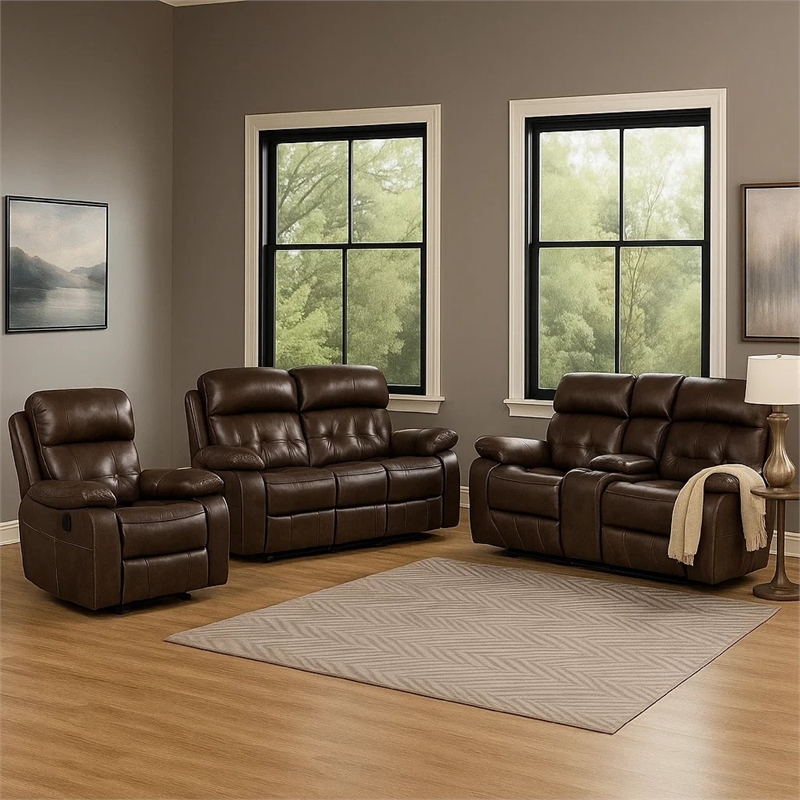 Kesy 3pc Manual Reclining Sofa- Loveseat and Chair Set- Brown Faux Leather