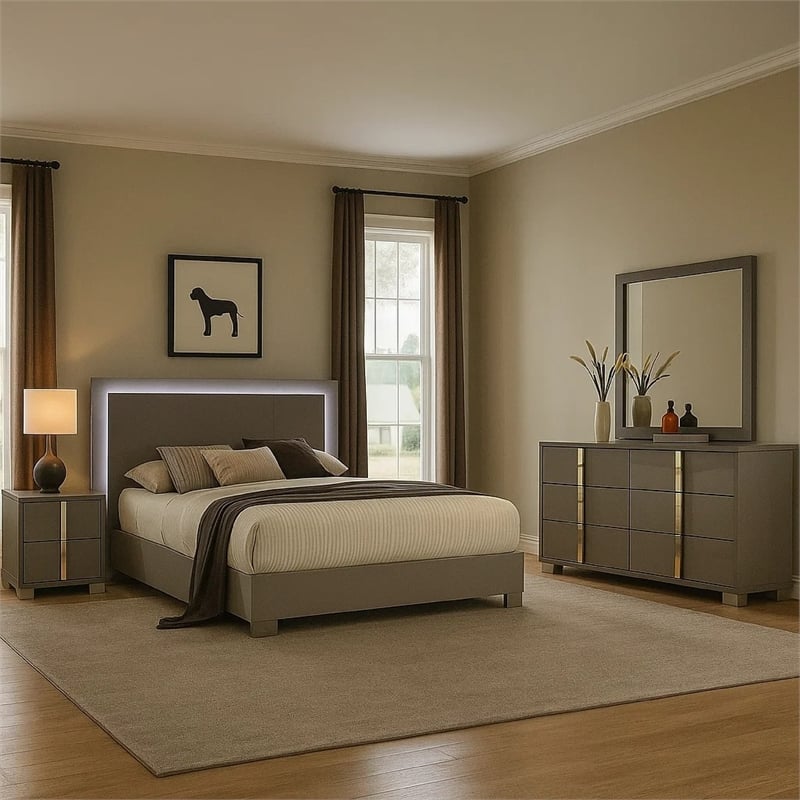 Suni 4pc Complete Queen Bedroom Set w LED Headboard- Light Taupe Gray