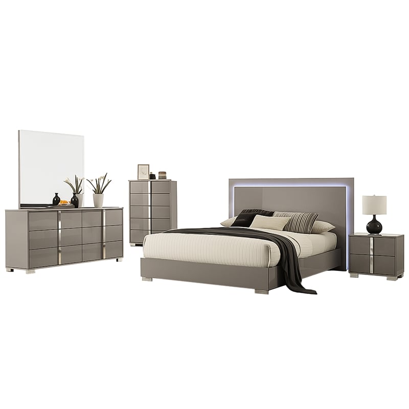 Suni 5pc Queen Bedroom Set w LED Headboard- Light Taupe Gray- Tall Dresser