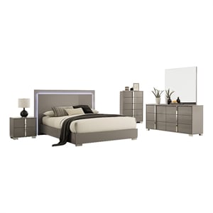 Suni 5pc Queen Bedroom Set w LED Headboard- Light Taupe Gray- Tall Dresser