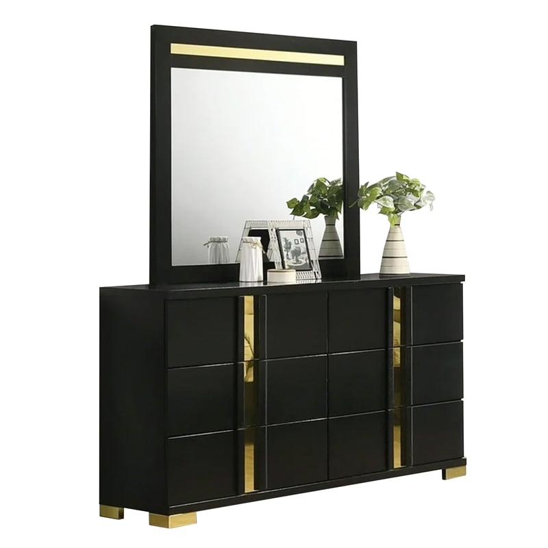 Yoki 5pc Queen Bedroom Set w Underbed LED- Black and Gold- 2 Nightstands