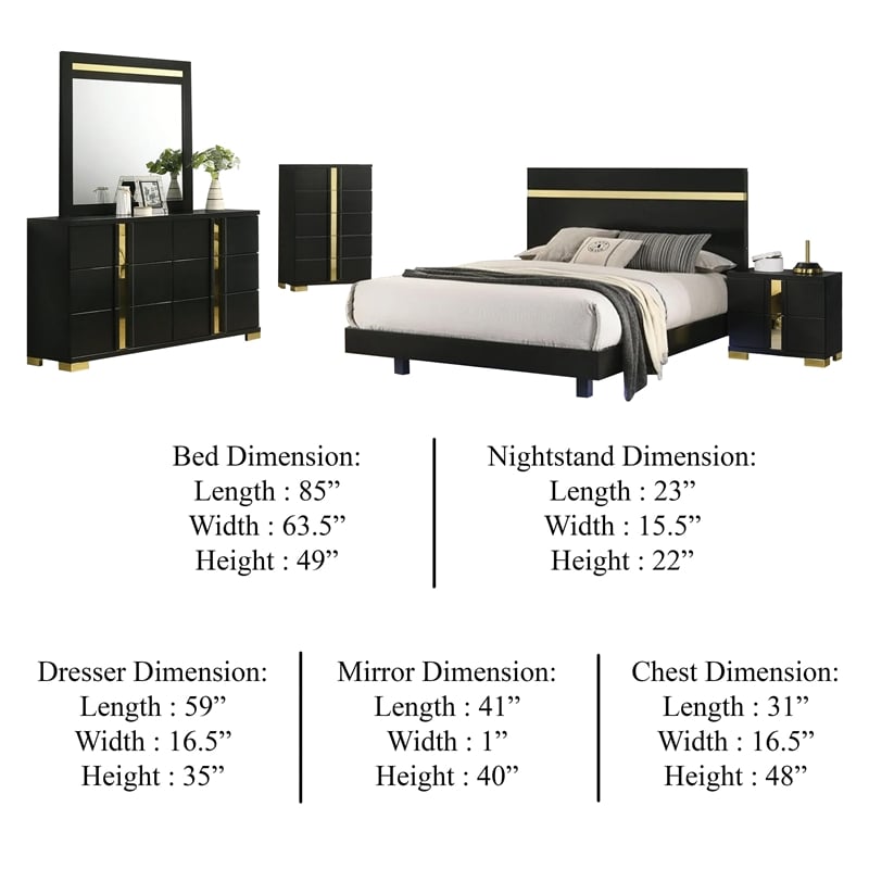 Yoki 5pc Queen Bedroom Set w Underbed LED- Black and Gold- Tall Dresser