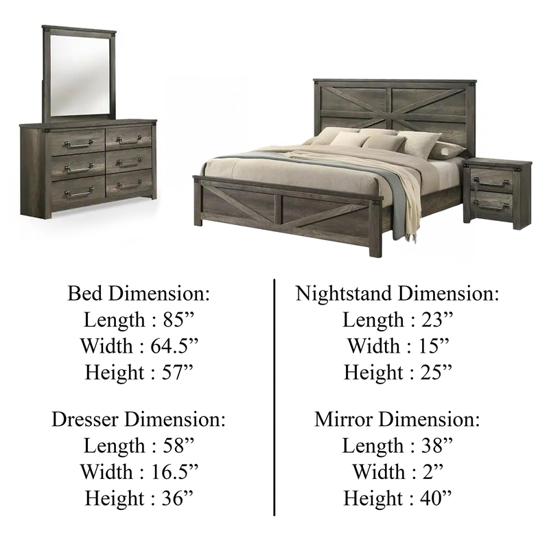 Bry 4pc Farmhouse Queen Complete Bedroom Set- Rustic Gray