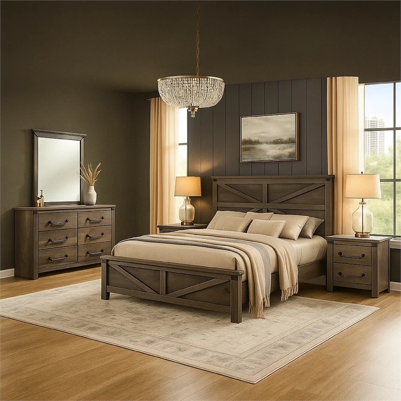Bry 4pc Farmhouse Queen Complete Bedroom Set- Rustic Gray
