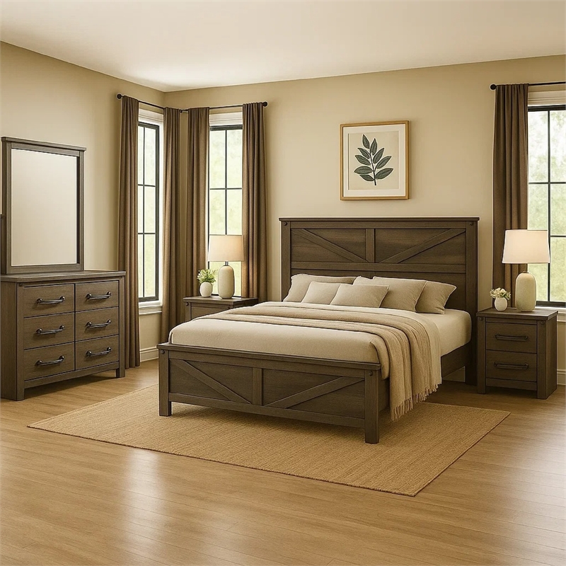 Bry 4pc Farmhouse Queen Complete Bedroom Set- Rustic Gray