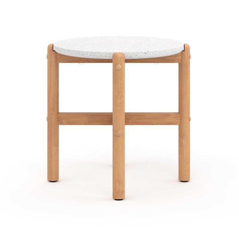 Scy Patio Side End Table- 19 Inch White Terrazzo Top- Natural Brown