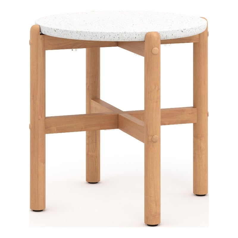 Scy Patio Side End Table- 19 Inch White Terrazzo Top- Natural Brown