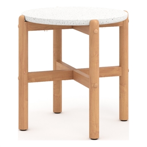 Scy Patio Side End Table- 19 Inch White Terrazzo Top- Natural Brown