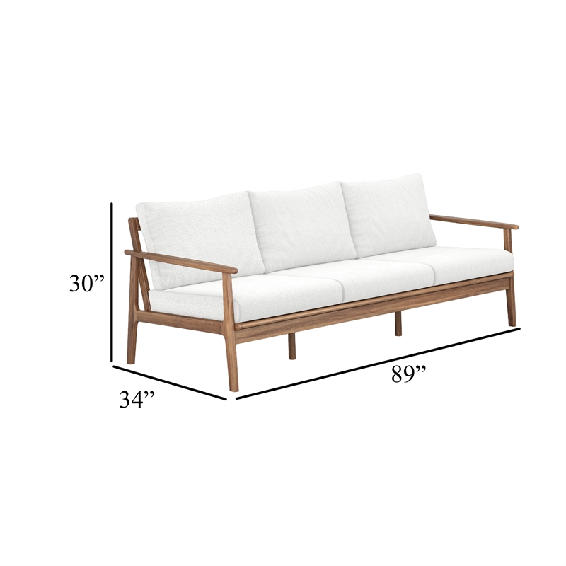 Anya Outdoor Sofa- Natural Brown Acacia Wood- White Cushions- 89 Inch