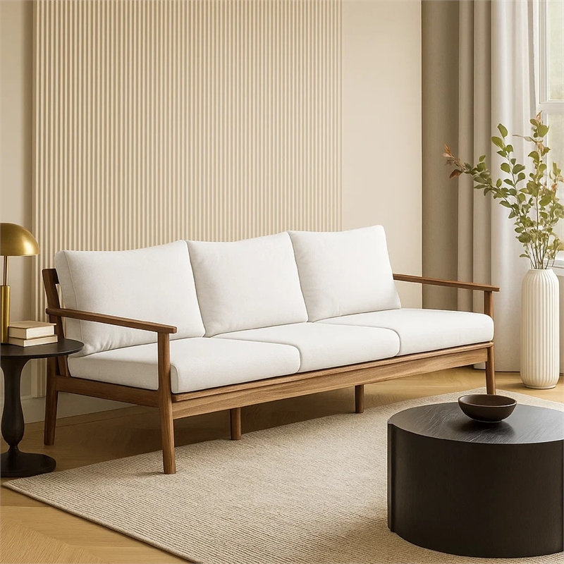 Anya Outdoor Sofa- Natural Brown Acacia Wood- White Cushions- 89 Inch
