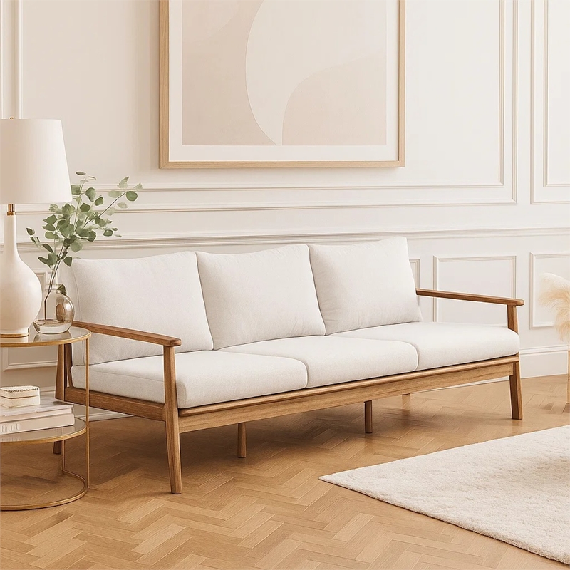 Anya Outdoor Sofa- Natural Brown Acacia Wood- White Cushions- 89 Inch