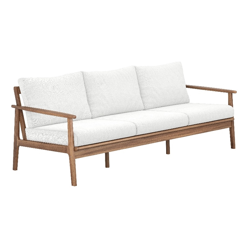 Anya Outdoor Sofa- Natural Brown Acacia Wood- White Cushions- 89 Inch