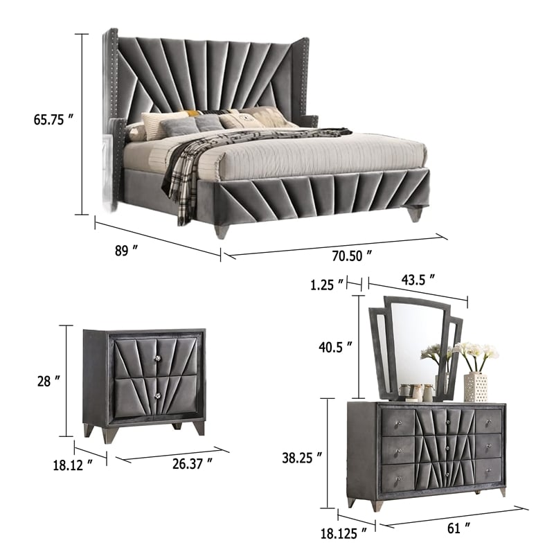 Ino 4pc Queen Bedroom Set with Wingback Headboard- Gray Upholstery