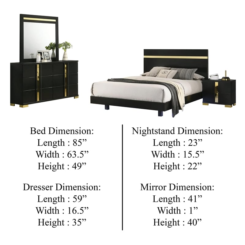 Yoki 4pc Queen Bedroom Set w Underbed LED- Black Wood and Gold Accents