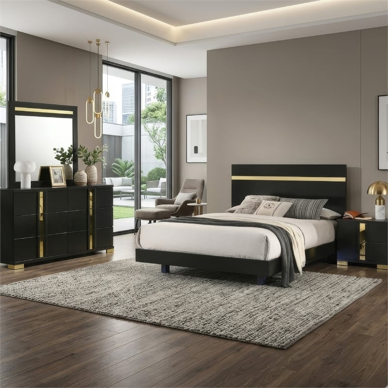 Yoki 4pc Queen Bedroom Set w Underbed LED- Black Wood and Gold Accents