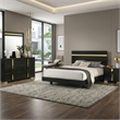 Yoki 4pc Queen Bedroom Set w Underbed LED- Black Wood and Gold Accents