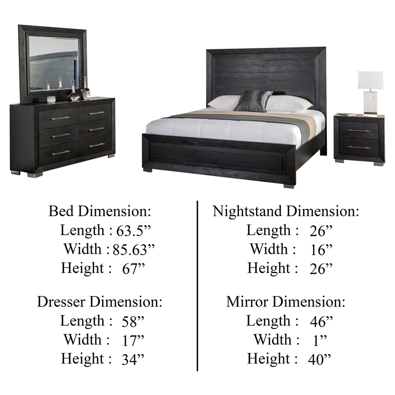 Ashen 4 Piece Queen Bedroom Set- LED Headboard and USB Ports- Black