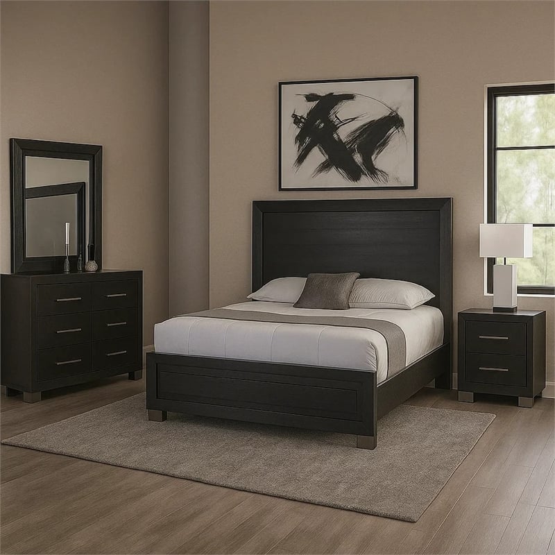 Ashen 4 Piece Queen Bedroom Set- LED Headboard and USB Ports- Black