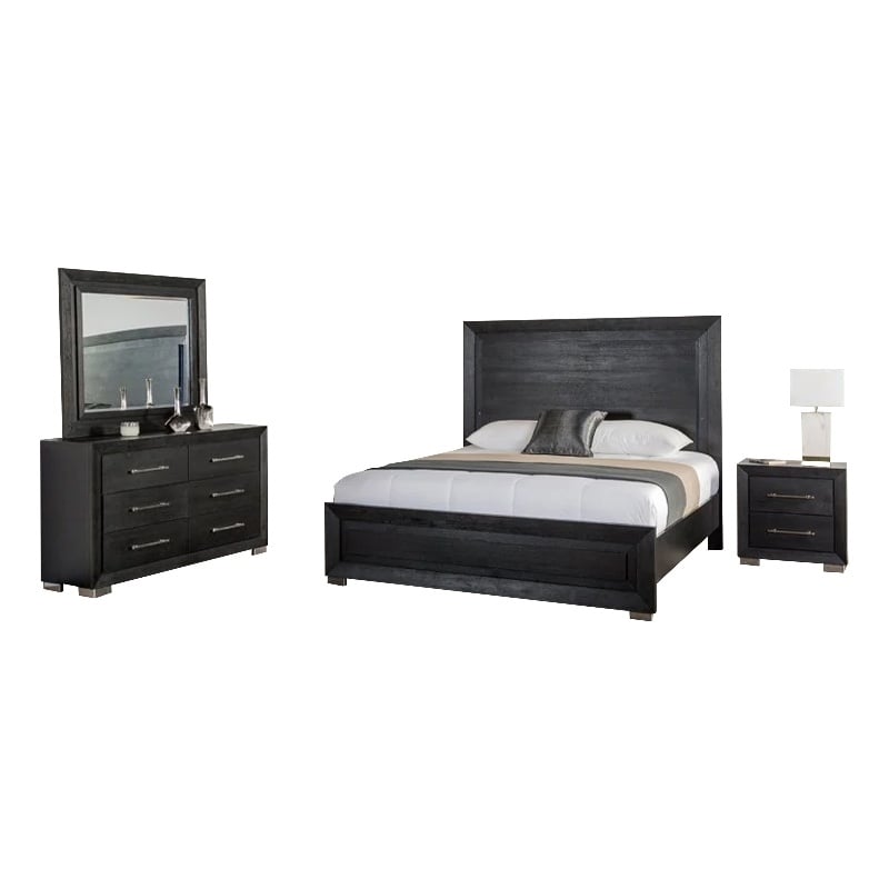 Ashen 4 Piece Queen Bedroom Set- LED Headboard and USB Ports- Black