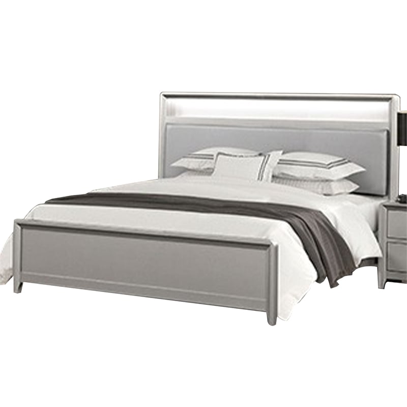 Broy 4pc Queen Bedroom Set w LED Bookcase Headboard- Mirror- Silver