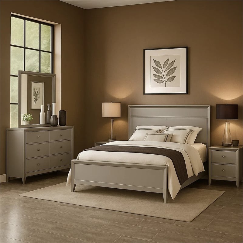 Broy 4pc Queen Bedroom Set w LED Bookcase Headboard- Mirror- Silver