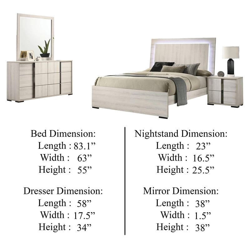 Hyao 4pc Queen Bedroom Set w LED Headboard- Whitewash- Dresser Mirror