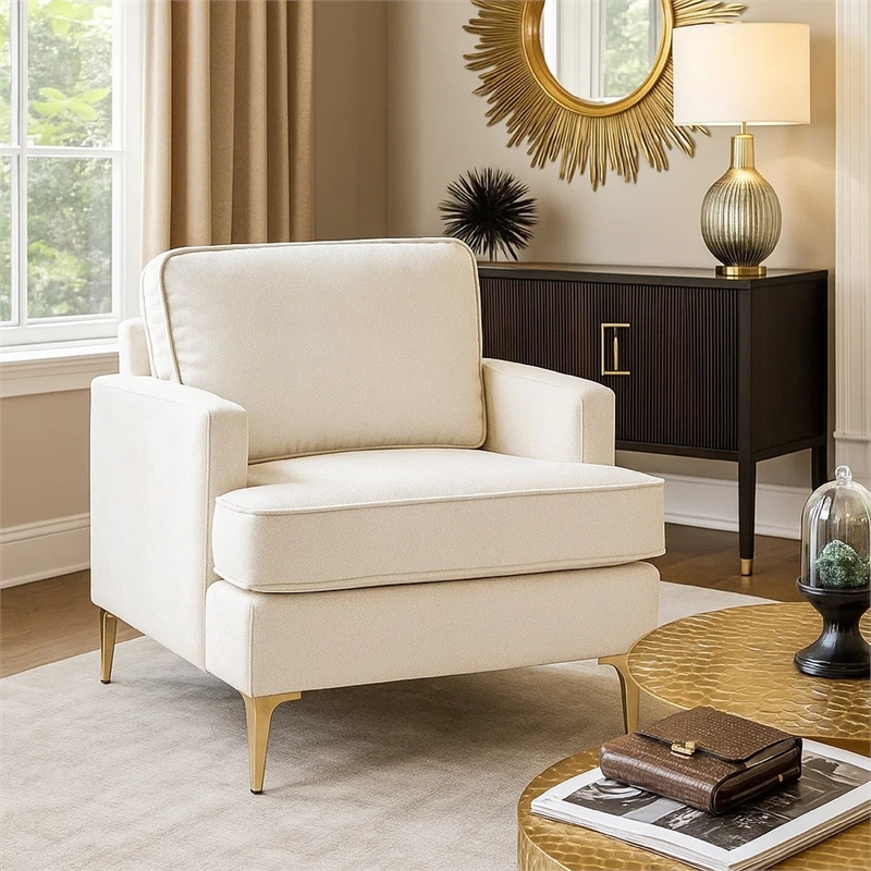 Cole Accent Chair- Foam Fill Beige Chenille- Track Arms- Gold Metal Legs