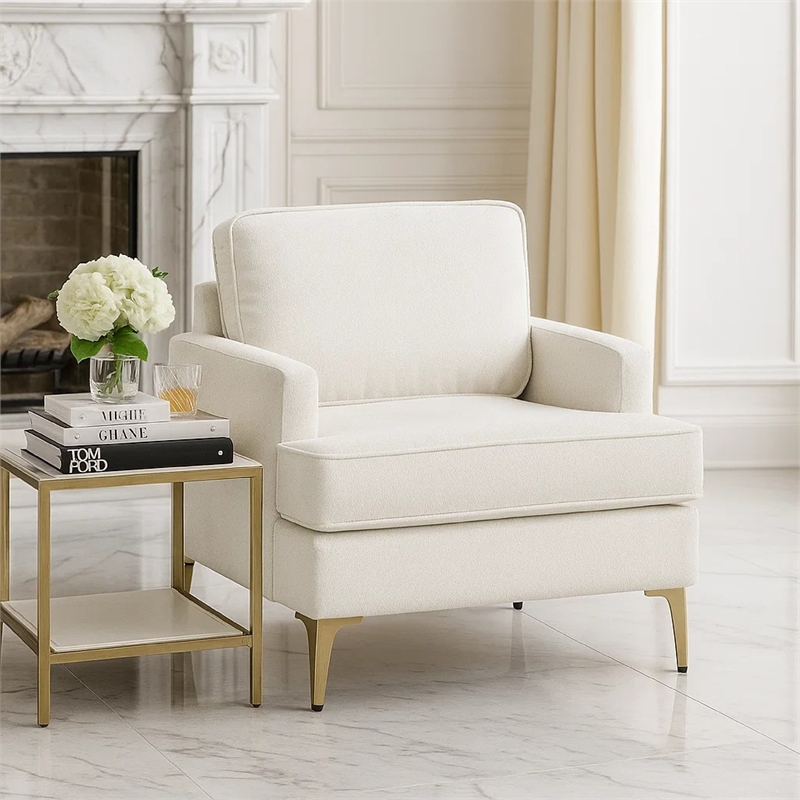 Cole Accent Chair- Foam Fill Beige Chenille- Track Arms- Gold Metal Legs