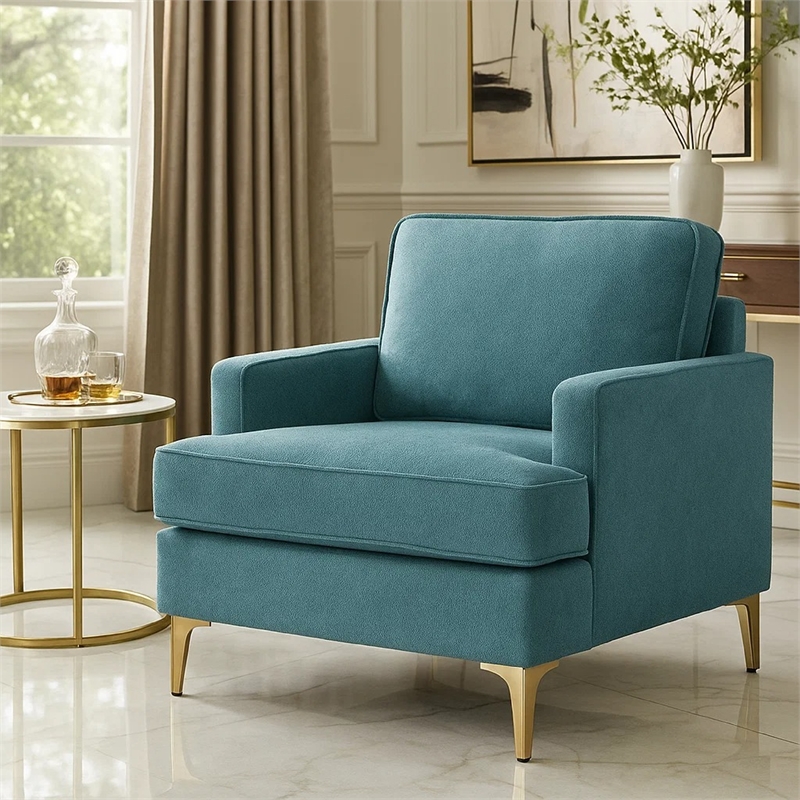 Cole Accent Chair- Peacock Blue Chenille- Track Arms- Gold Metal Legs
