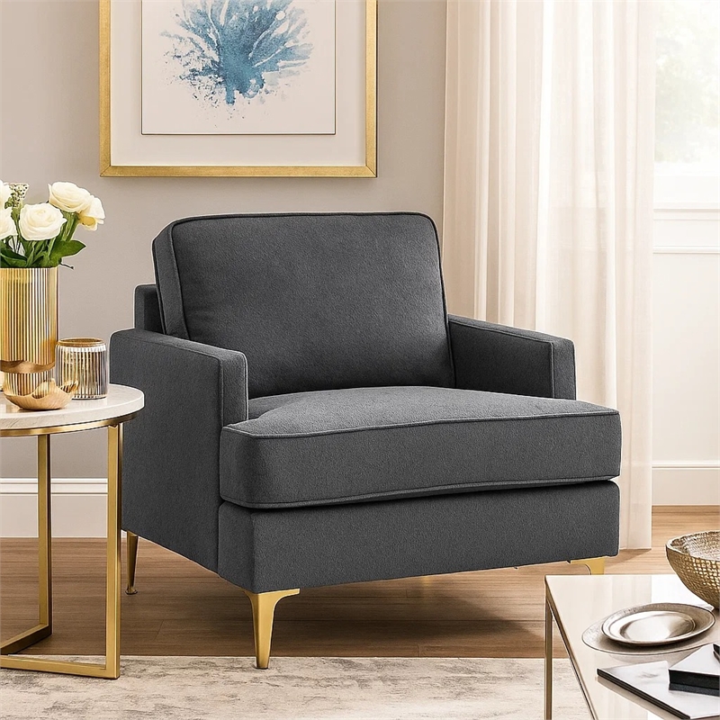 Cole Accent Chair- Dark Gray Chenille- Track Arms- Gold Metal Legs