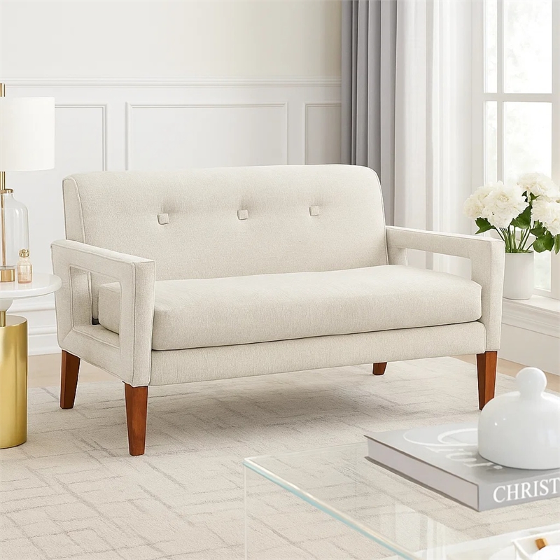 Bei Loveseat- Beige Chenille Cushion- Walnut Brown Solid Wood- 55 Inch