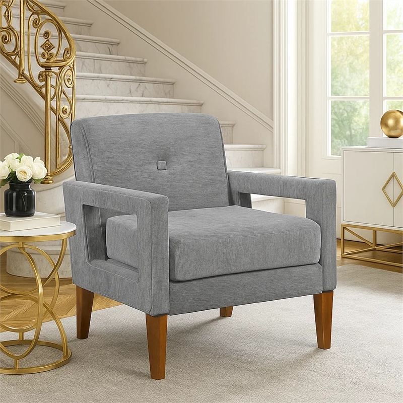 Bei Armchair- Gray Chenille Cushion- Walnut Brown Solid Wood