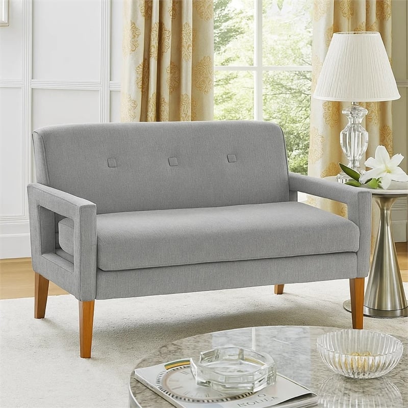 Bei Loveseat- Gray Chenille Cushion- Walnut Brown Solid Wood- 55 Inch