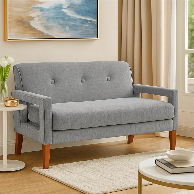 Bei Loveseat- Gray Chenille Cushion- Walnut Brown Solid Wood- 55 Inch
