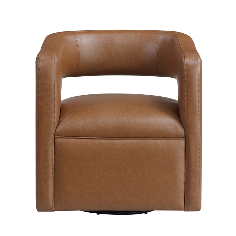 Cera Swivel Chair- Barrel Back- Camel Brown Faux Leather Upholstery