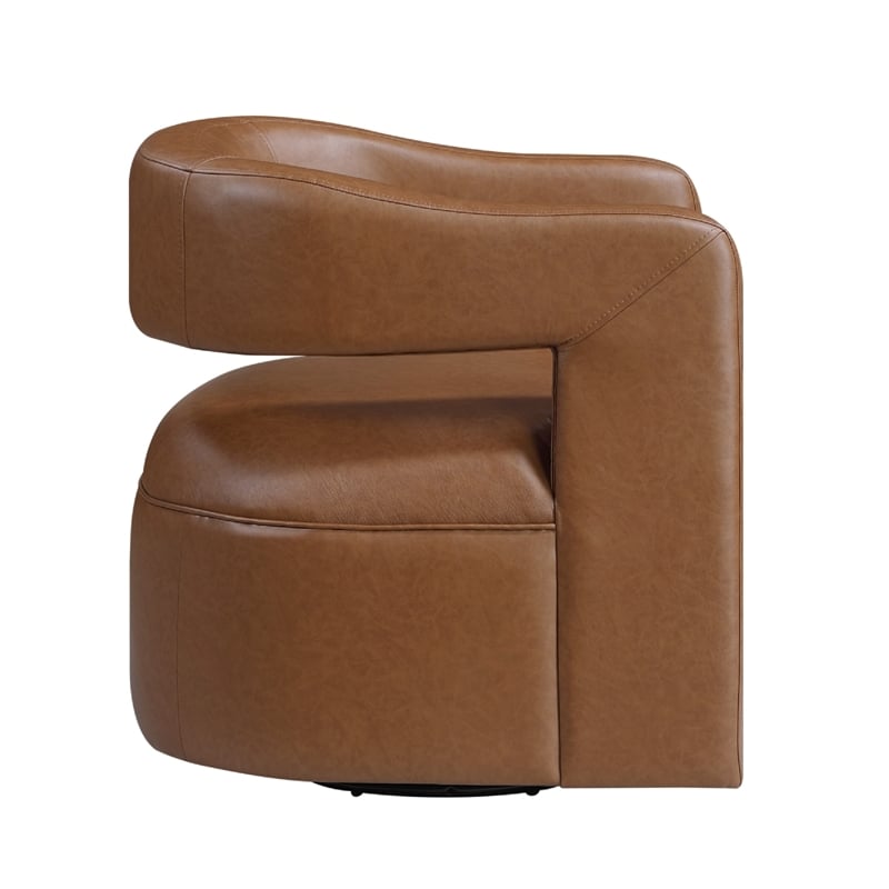 Cera Swivel Chair- Barrel Back- Camel Brown Faux Leather Upholstery