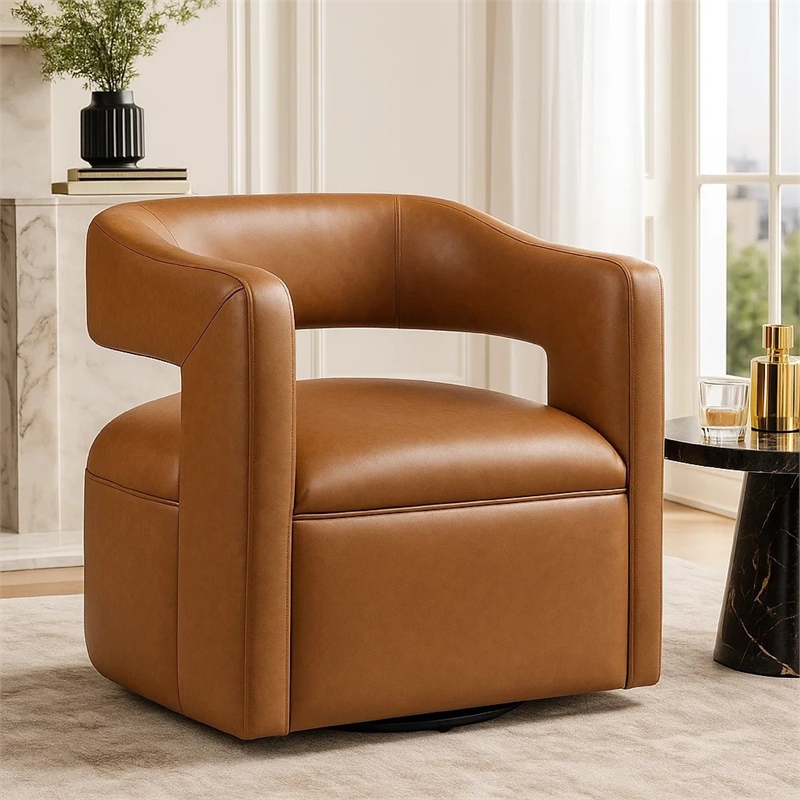 Cera Swivel Chair- Barrel Back- Camel Brown Faux Leather Upholstery