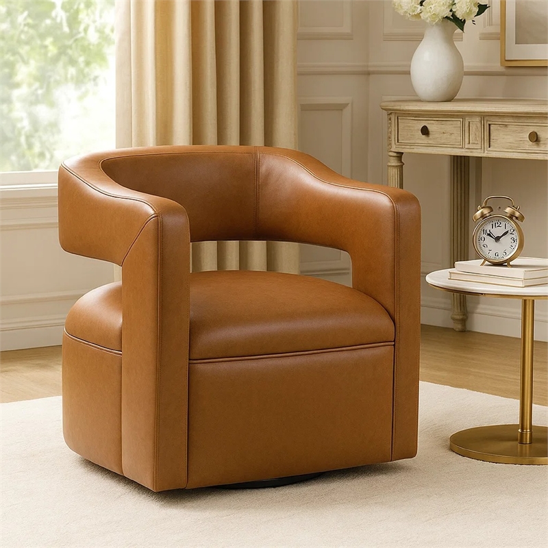 Cera Swivel Chair- Barrel Back- Camel Brown Faux Leather Upholstery
